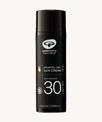 Green People Sports SPF30 Mineral Facial Sun Cream 50ml. This mineral sun cream is in a black, cylindrical tube on a cream background