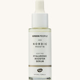 Green People Nordic Roots Hyaluronic Booster Serum - 28ml, is in a glass bottle with a white label, and a white dropper lid. The image is on a cream background