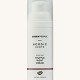 Green People Nordic Roots Truffle Night Cream is in a white tube, with a small purple/brown stripe at the bottom and is on a cream background