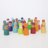 Grimm's 12 Pastel Friends and Grimm's Rainbow Friends mixed together. These wooden, small world play, open ended toys are the perfect size for little hands, and have a smooth rounded texture