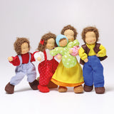 Grimm's Waldorf Doll collection. The image shows Baby Leo, Boy Peter, Girl Lana, Male Erle,