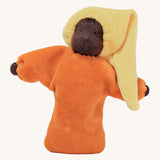 Grimm's Lavender Doll Sun is a lovely little waldorf doll with an orange body, yellow hat and black skin. The image is on a cream background