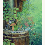 A page from The Garden Adventures Of Griswald The Gnome by Daniela Drescher. Griswald Gnome is falling into a wooden barrel full of rain water