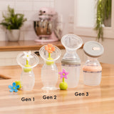 A collection of Haakaa Breast Pumps from Generation 1, 2 and 3, each with various attachments and accessories