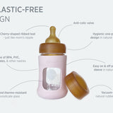Hevea Glass Baby Bottle Wide Neck With Rubber Sleeve - 150ml infographic.