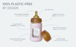Hevea Glass Baby Bottle Wide Neck With Rubber Sleeve - 150ml infographic.