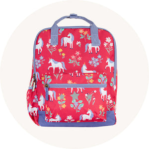 Frugi Explorers A4 Backpack in Pink Unicorn to represent kids school bags at Babipur.