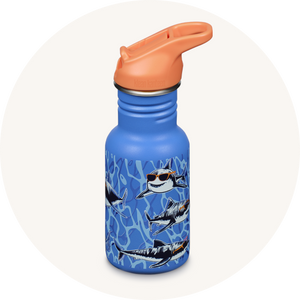 Kids Klean Kanteen Stainless Steel Sports School Bottle with a Leakproof Flip Seal Cap in a blue and orange shark print.