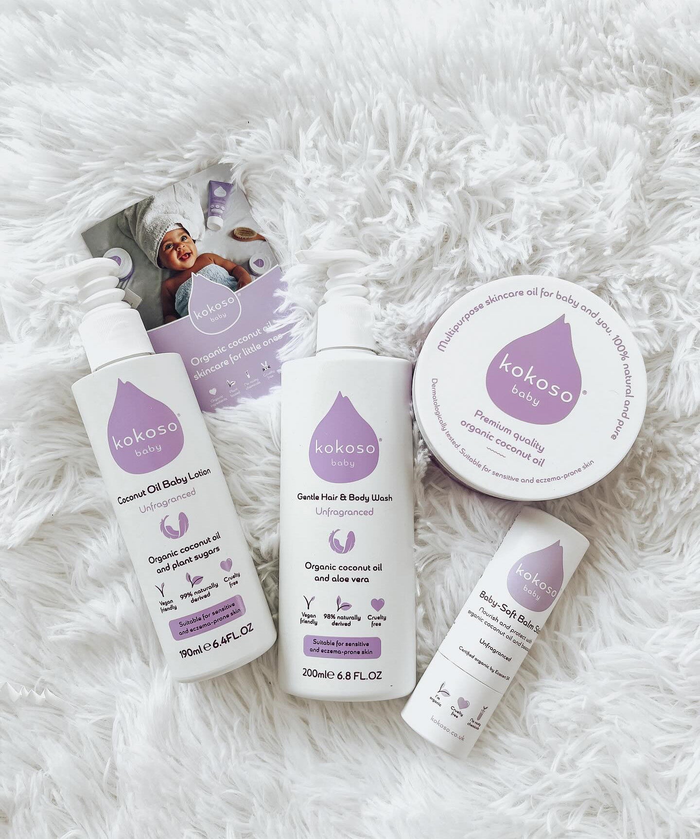 Kokoso unscented scented organic baby range including the soft balm, body wash coconut oil and lotion all available at Babipur.