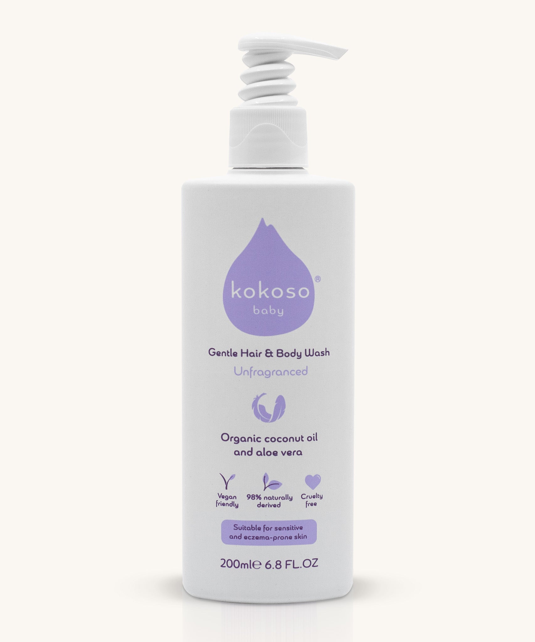 Kokoso unscented organic coconut oil and aloe vera baby body and hair wash 200ml bottle available at Babipur. Features a push down dispenser.