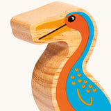 A close up of the chunky wooden Lanka Kade orange blue Hesperornis dinosaur figure available at Babipur.
