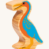 A chunky wooden Lanka Kade orange blue Hesperornis dinosaur figure available at Babipur.