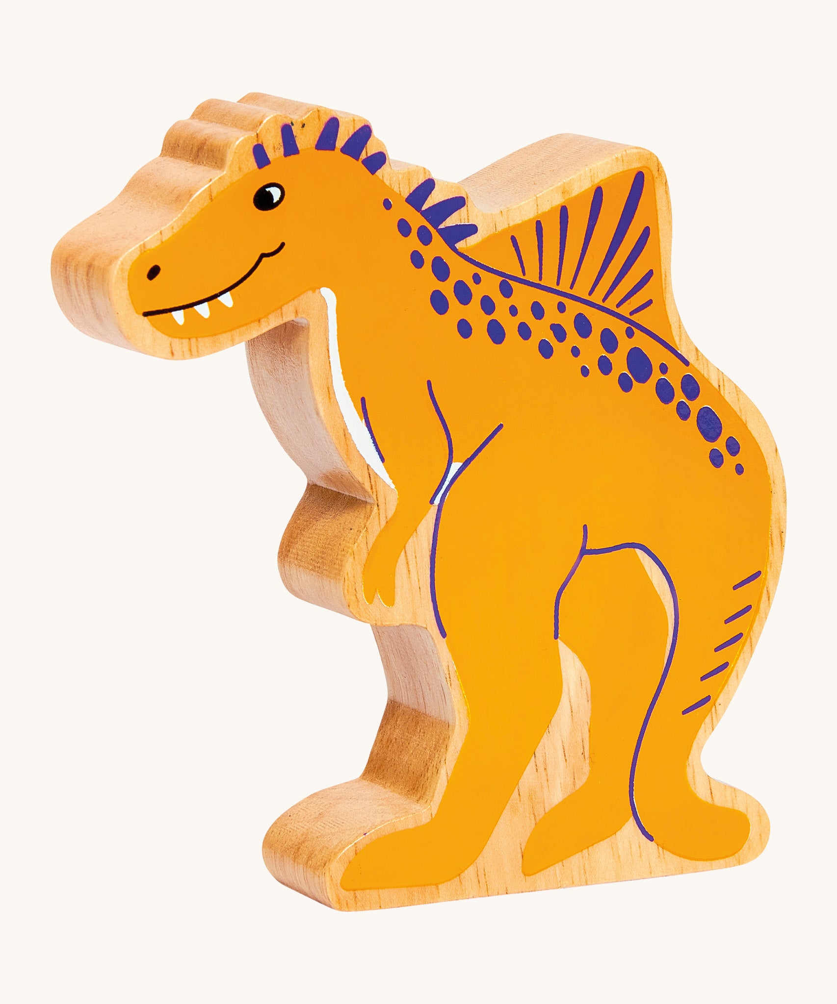 A chunky wooden Lanka Kade yellow Becklespinax dinosaur figure available at Babipur.