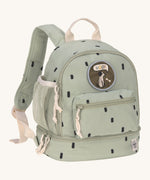 Lassig kids mini olive happy print backpack available on Babipur. A pale green backpack with dark rectangular patterns and a cute dog patch on the front panel. Features padded shoulder straps, mesh side pockets and 3 zipped compartments.