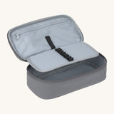 A open Lassig kids spacy school pencil case in bold anthracite showing the small elastic loops to hold stationary and a secondary zipped compartment.