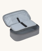 A open Lassig kids spacy school pencil case in bold anthracite showing the small elastic loops to hold stationary and a secondary zipped compartment.