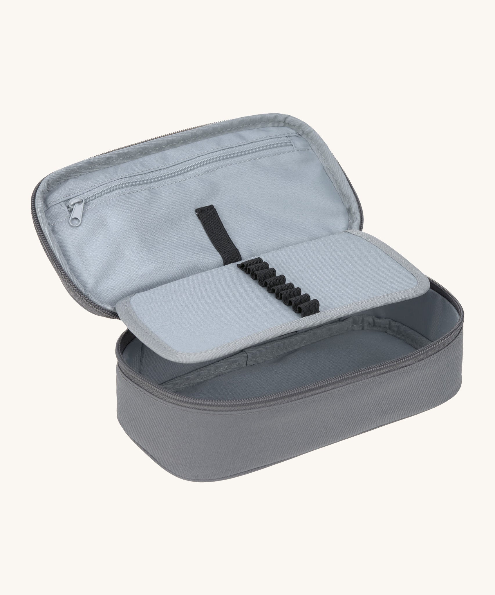 A open Lassig kids spacy school pencil case in bold anthracite showing the small elastic loops to hold stationary and a secondary zipped compartment.