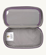 A open Lassig kids spacy school pencil case in purple showing the spacious main compartment.