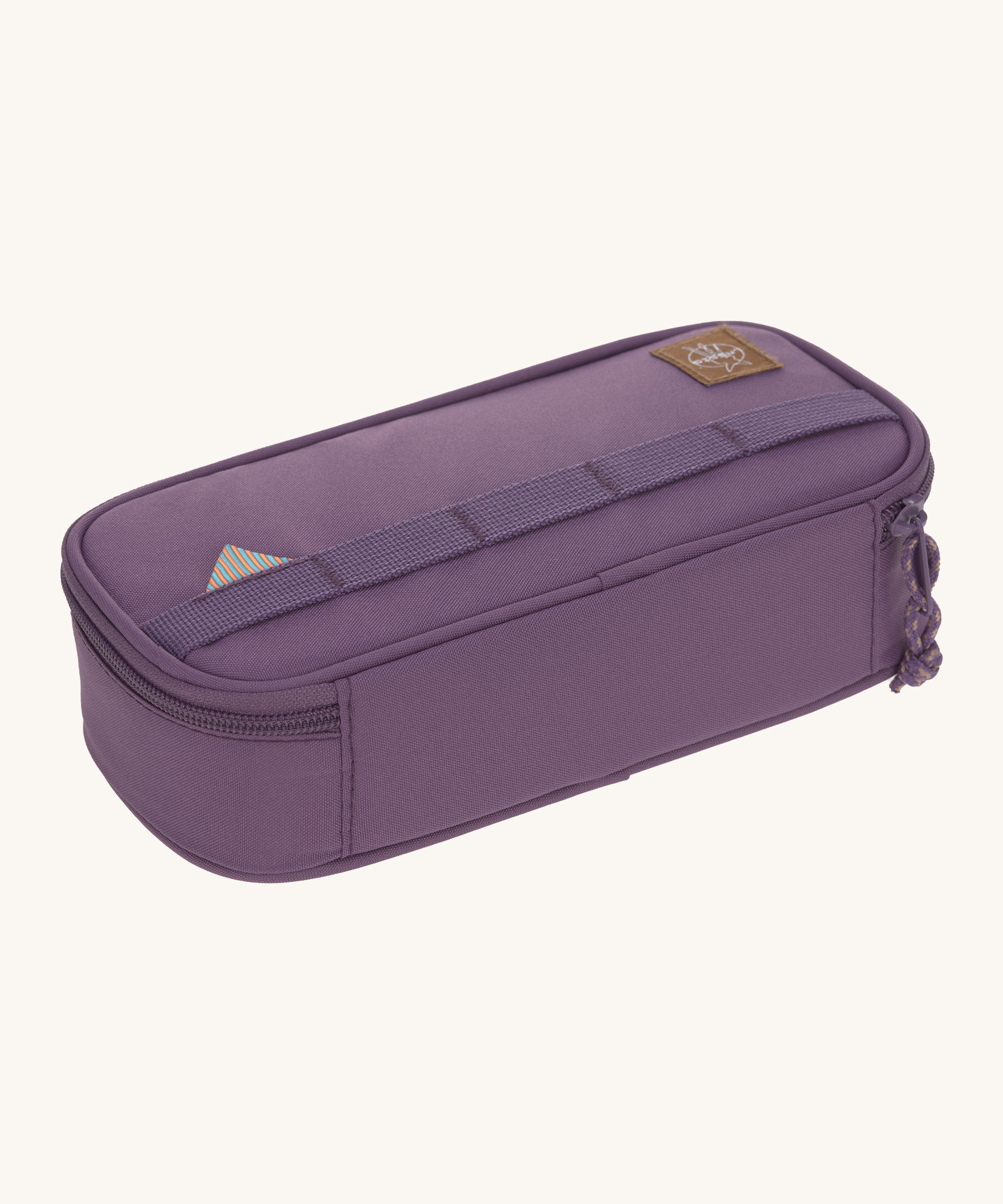 Lassig kids spacy school pencil case in purple available at Babipur. Features a decorative matching purple strap on the front and a zip fastener.