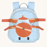 Lassig kids tiny backpack in aeroplane design available at Babipur. A light blue backpack with a playful red aeroplane design with extended wing on the front panel.
