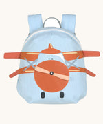 Lassig kids tiny backpack in aeroplane design available at Babipur. A light blue backpack with a playful red aeroplane design with extended wing on the front panel.