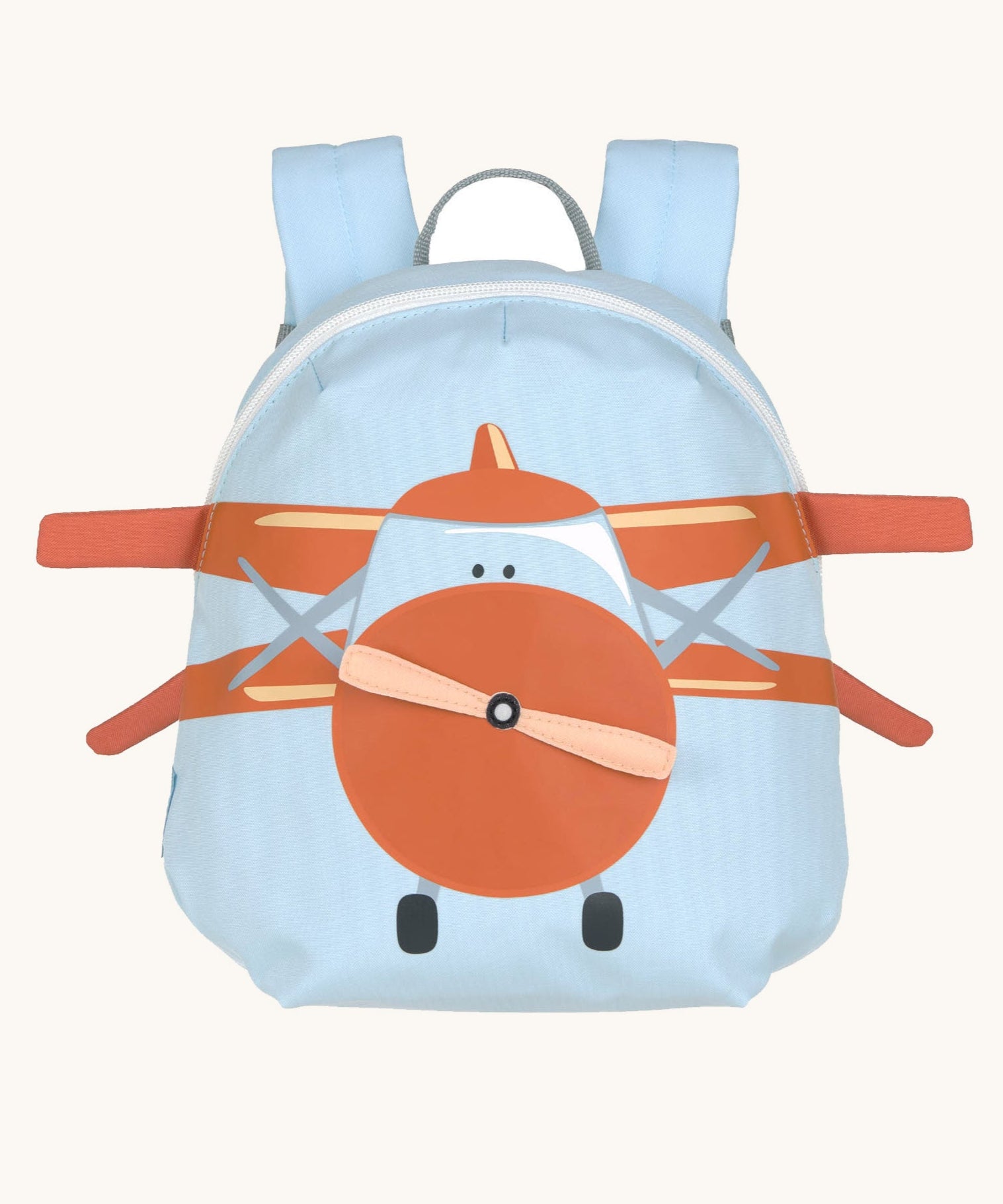 Lassig kids tiny backpack in aeroplane design available at Babipur. A light blue backpack with a playful red aeroplane design with extended wing on the front panel.