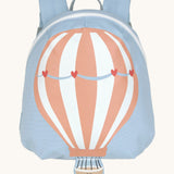 Lassig kids tiny backpack in balloon design available at Babipur. A pale blue backpack with a playful pastel balloon design on the front panel with a extended bucket on the bottom