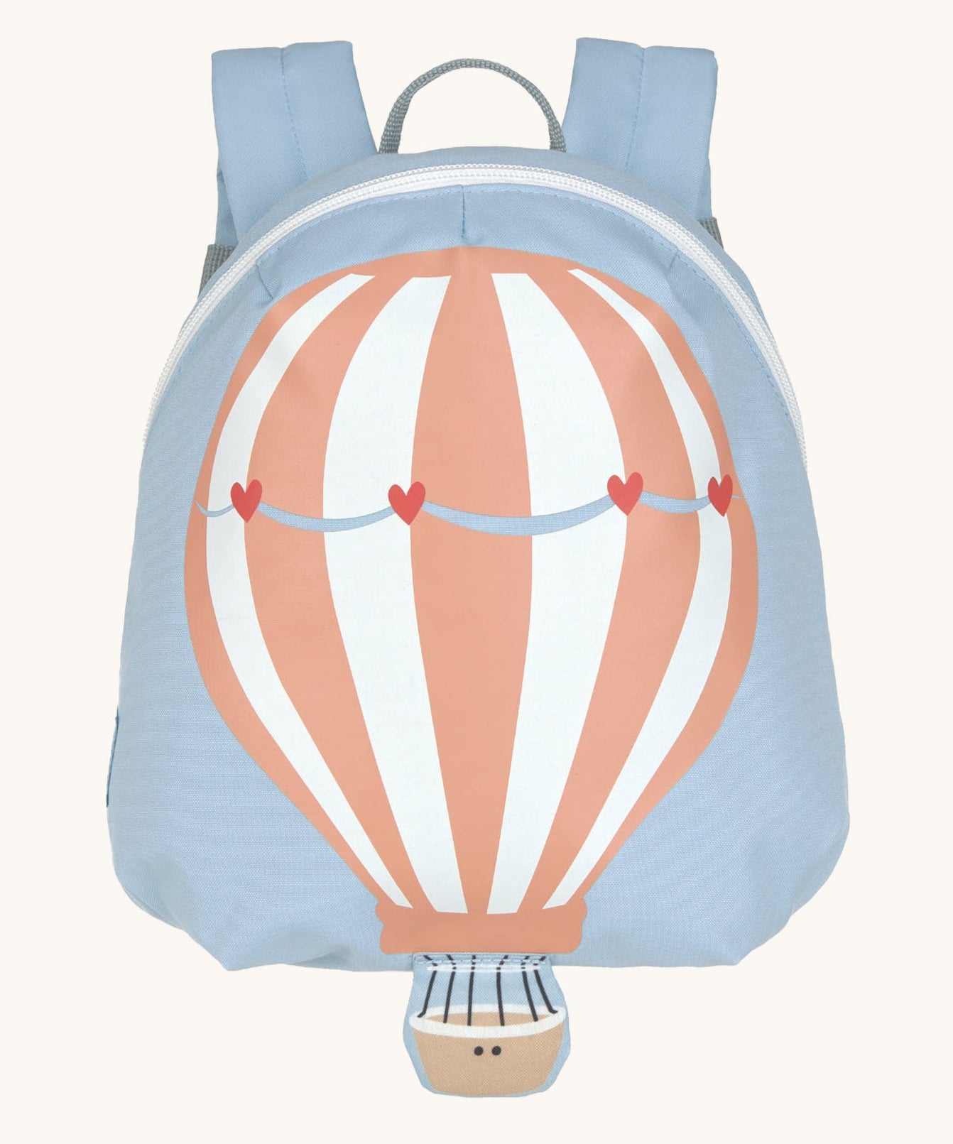 Lassig kids tiny backpack in balloon design available at Babipur. A pale blue backpack with a playful pastel balloon design on the front panel with a extended bucket on the bottom