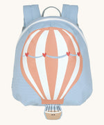 Lassig kids tiny backpack in balloon design available at Babipur. A pale blue backpack with a playful pastel balloon design on the front panel with a extended bucket on the bottom