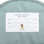 A close up of the name tag on the inside of the Lassig kids tiny bunny backpack.