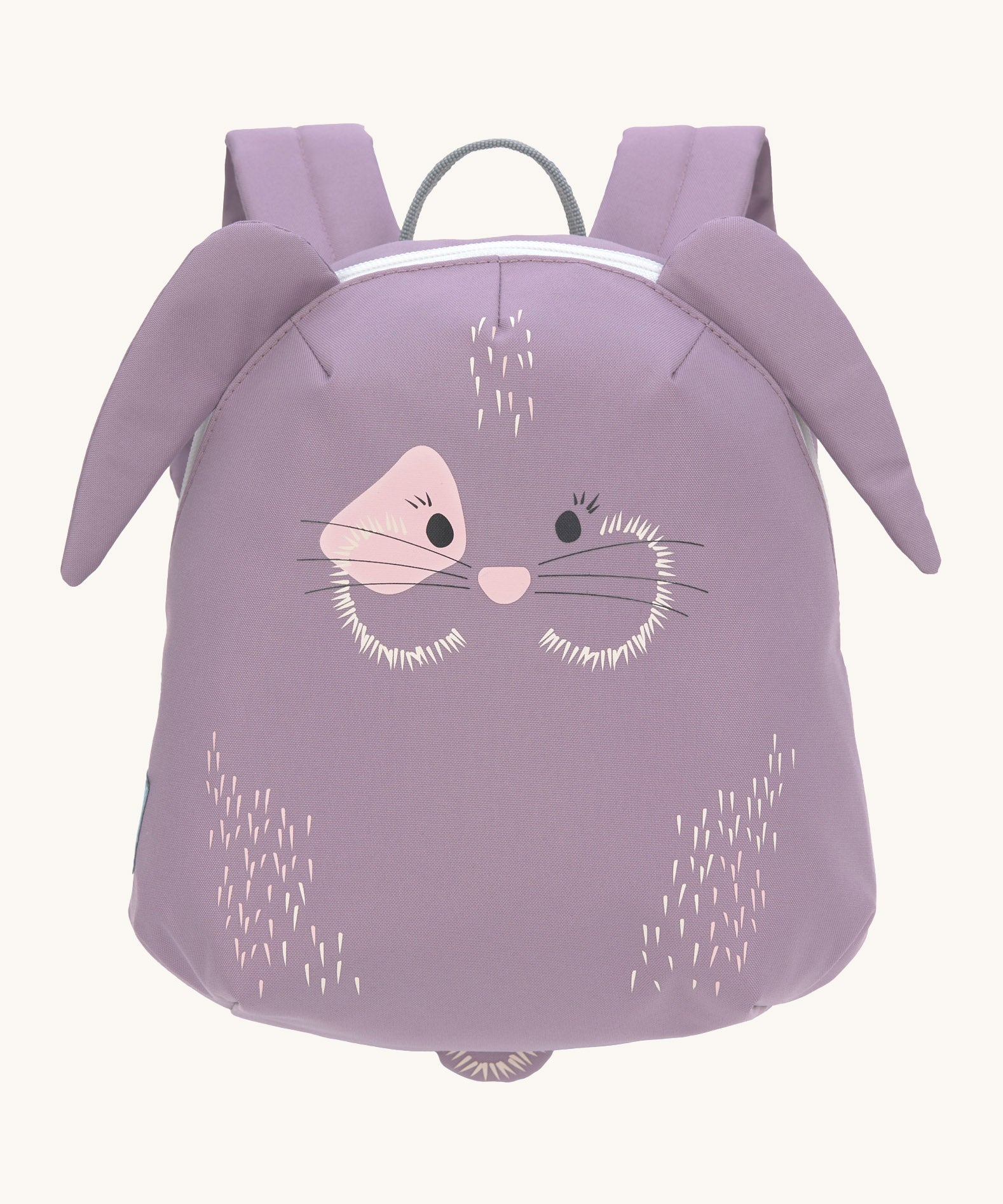 Lassig kids tiny bunny backpack available at Babipur. A pale purple backpack with a cute playful bunny design with extended ears and tail on the front panel.