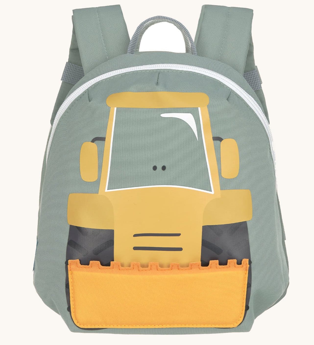 Lassig kids tiny backpack in digger design available at Babipur. A pale green backpack with a playful yellow digger character design on the front panel.