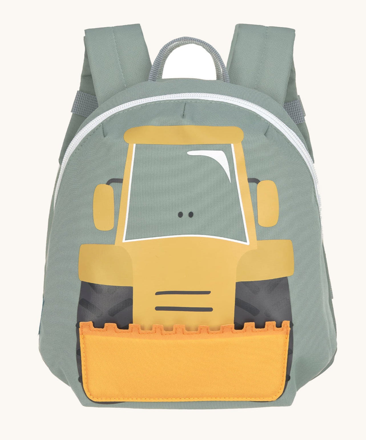 Lassig kids tiny backpack in digger design available at Babipur. A pale green backpack with a playful yellow digger character design on the front panel.