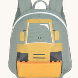 Lassig kids tiny backpack in digger design available at Babipur. A pale green backpack with a playful yellow digger character design on the front panel.