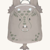 Lassig kids tiny dragon backpack available at Babipur. A pale grey backpack with a cute playful dragon design with extended ears and tail on the front panel.
