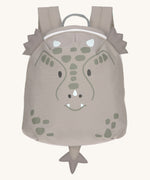 Lassig kids tiny dragon backpack available at Babipur. A pale grey backpack with a cute playful dragon design with extended ears and tail on the front panel.