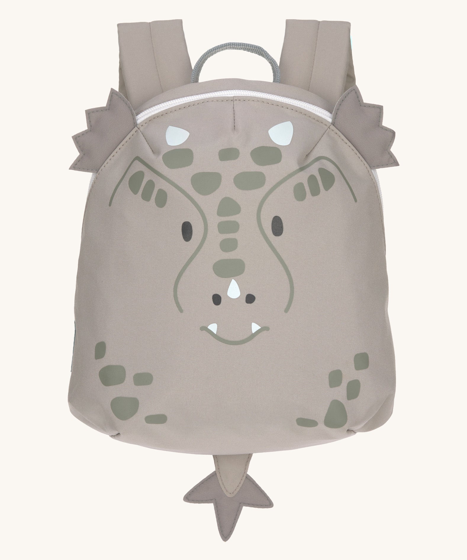 Lassig kids tiny dragon backpack available at Babipur. A pale grey backpack with a cute playful dragon design with extended ears and tail on the front panel.