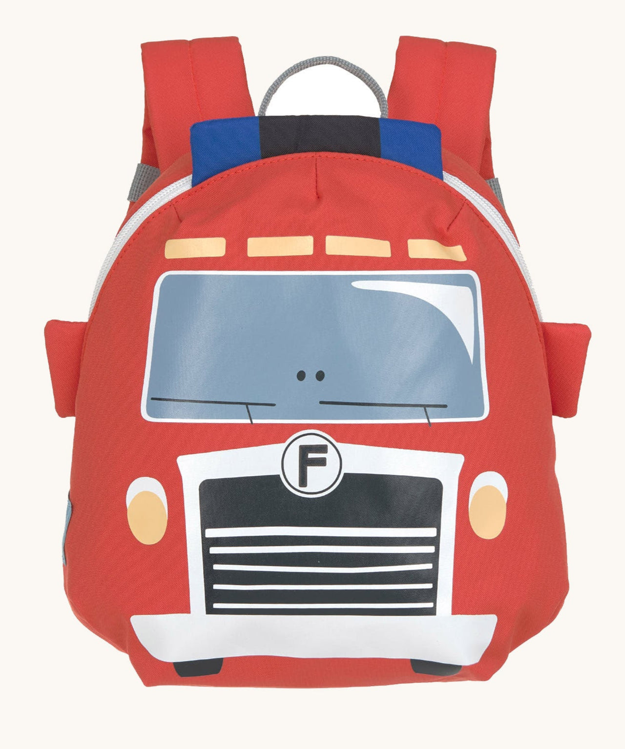 Lassig kids tiny backpack in fire engine design available at Babipur. A red backpack with a playful fire engine character design on the front panel.
