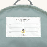 A close up of the name tag on the inside of the Lassig kids tiny koala backpack.