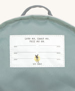 A close up of the name tag on the inside of the Lassig kids tiny koala backpack.