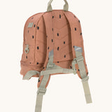 The back of the Lassig kids mini caramel happy prints backpack showing the padded shoulder straps and chest strap detail.
