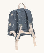 The back of the Lassig kids mini midnight blue happy prints backpack showing the padded shoulder straps and chest strap detail.