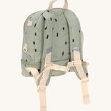 The back of the Lassig kids mini olive happy prints backpack showing the padded shoulder straps and chest strap detail.