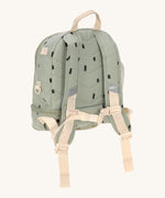 The back of the Lassig kids mini olive happy prints backpack showing the padded shoulder straps and chest strap detail.