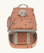 The inside of the Lassig kids mini caramel happy print backpack showing a lunchbox inside the bottom compartment.