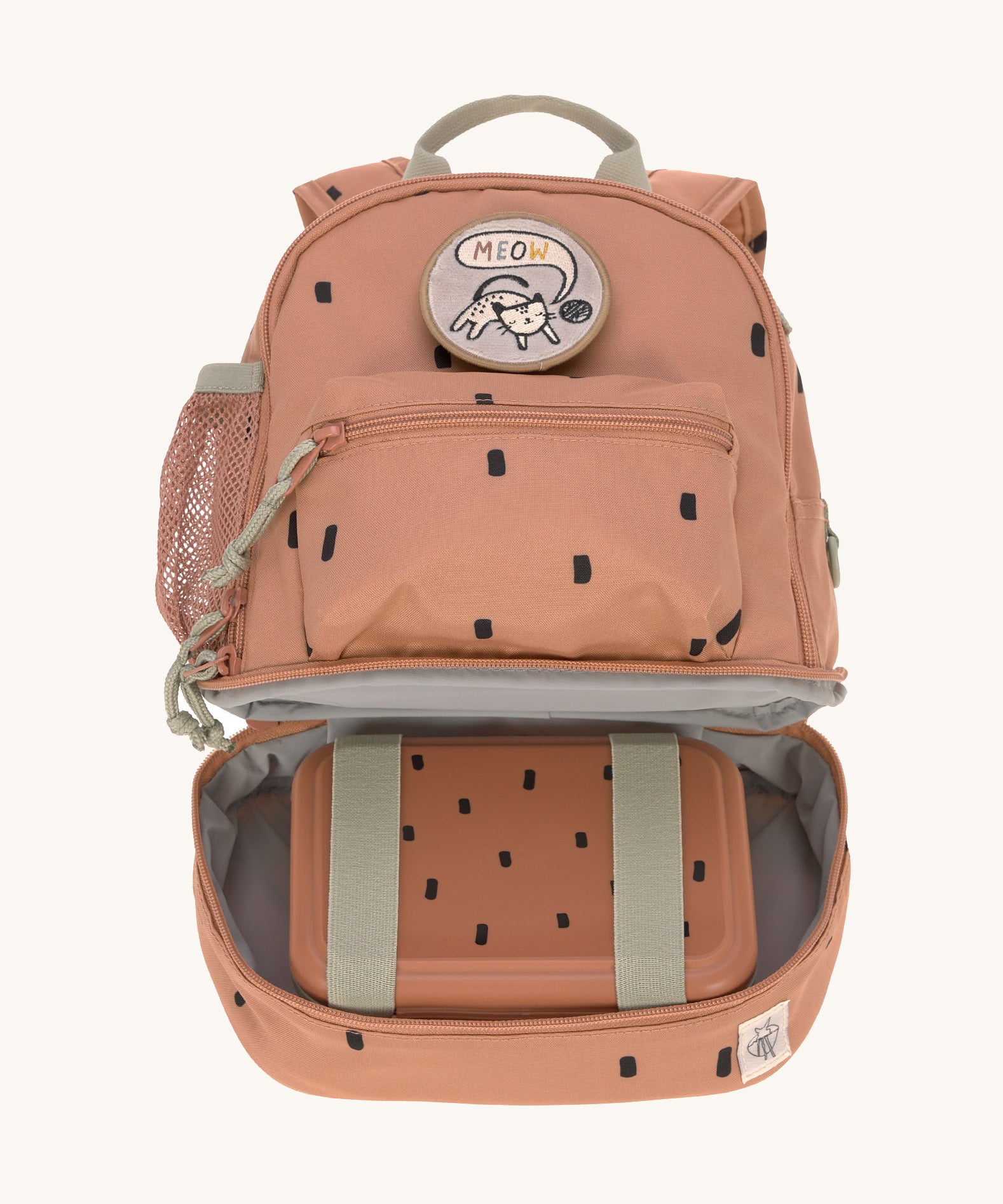 The inside of the Lassig kids mini caramel happy print backpack showing a lunchbox inside the bottom compartment.