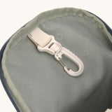 The inside of the Lassig kids mini midnight blue happy print backpack available at Babipur showing the handy clip on the inside