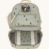 The inside of the Lassig kids mini olive happy print backpack showing a lunchbox inside the bottom compartment.