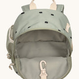 The inside of the Lassig kids mini olive happy print backpack showing the space inside the main compartment.