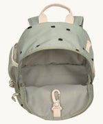 The inside of the Lassig kids mini olive happy print backpack showing the space inside the main compartment.